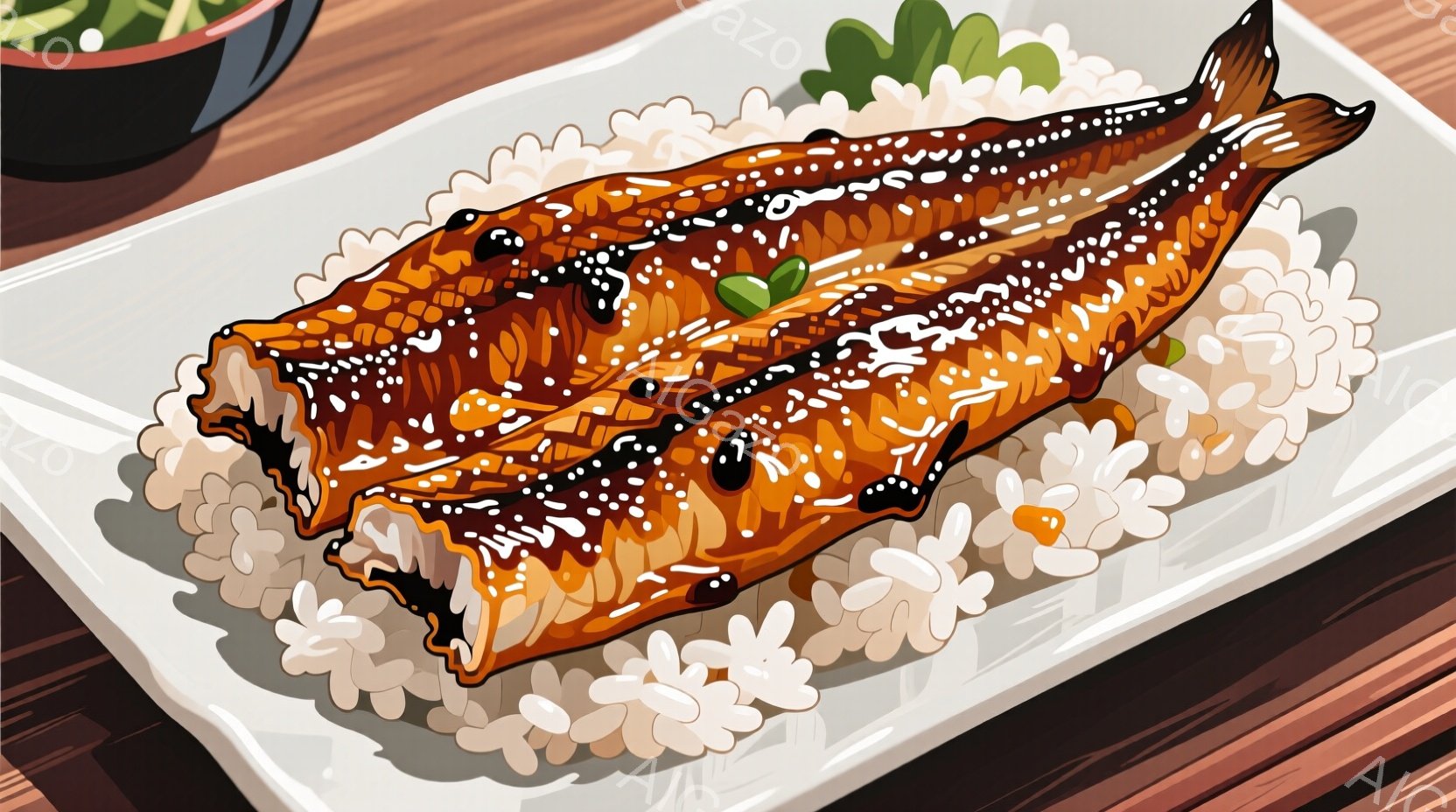 白い長方形の皿に、照り焼きにした鰻がご飯の上に載っています。鰻は茶色く光沢があり、表面には黒いタレがかかっています。皿の端には緑色の葉っぱが添えられ、背景には木製のテーブルと黒い小皿が見えます。