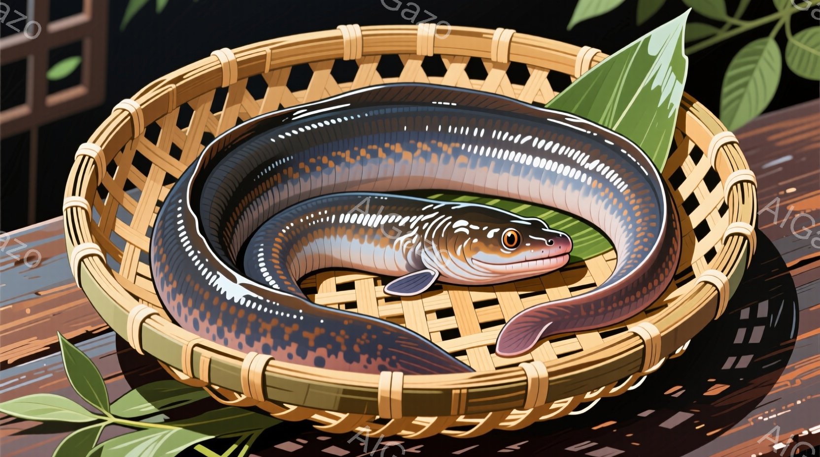 籠の中にうなぎが丸まって描かれています。うなぎは青みがかった黒色をしており、鮮やかなオレンジ色の目を持っています。背景には木製のテーブルと、ぼんやりとした日本家屋と緑の葉が見え、落ち着いた雰囲気を醸し出しています。