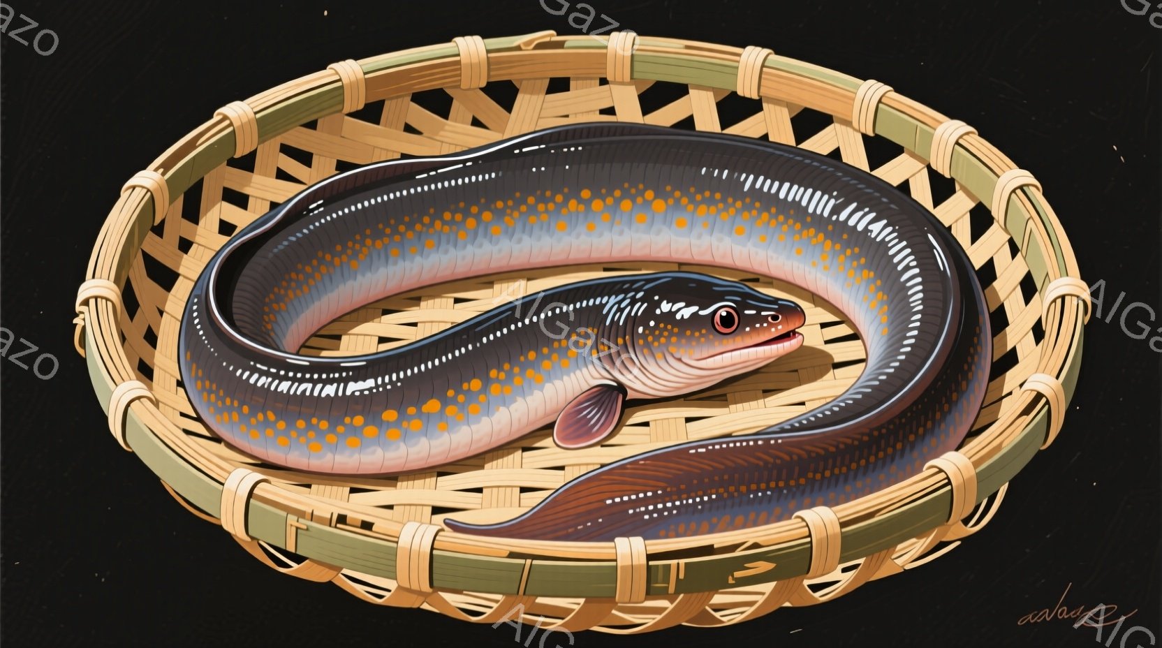 鮮やかなオレンジ色の斑点を持つ細長い黒いウナギが、編まれた竹かごの中に渦巻状に丸まっています。ウナギは光沢のある肌を持ち、赤い目と鋭い口を持っています。背景は暗く、ウナギと竹かごが際立っており、どこか神秘的な雰囲気を醸し出しています。