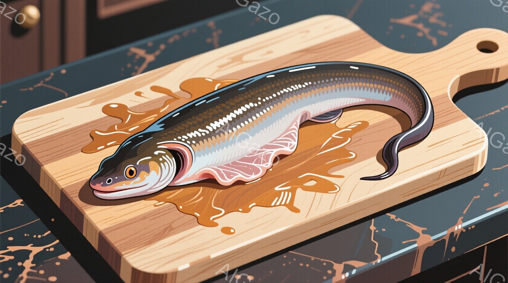 長い魚が木製のまな板の上に置かれています。魚は灰色と白の縞模様で、開腹されており、内臓がまな板に広がっています。背景は暗い大理石のカウンターで、全体的に生々しく、調理の準備段階を示唆する雰囲気です。