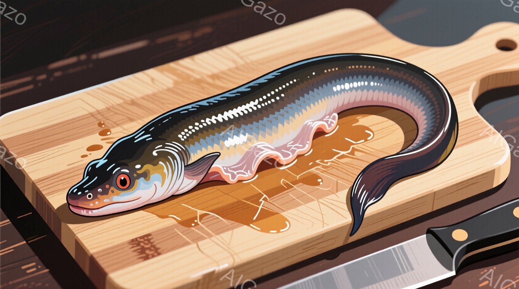 滑らかな、黒みがかった魚体が木製のまな板の上に曲線を描いて横たわっています。魚の目は鮮やかな赤色で、身体には細かい銀色の模様が光っています。まな板の右下には黒い柄の包丁が置かれ、魚を調理する準備ができている様子が伺えます。