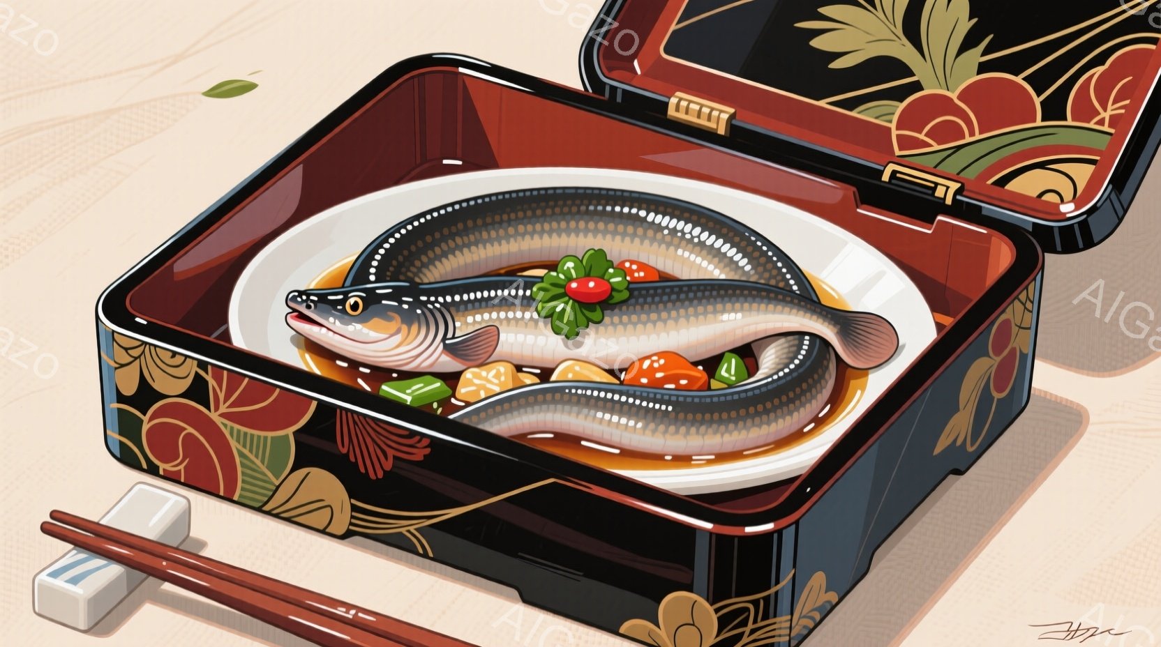 漆塗りの弁当箱の中に、うなぎの蒲焼きが美味しそうに盛り付けられています。赤と金色の美しい模様が施された弁当箱は、まるで宝石箱のようで、鮮やかな赤色の梅干し、緑色の刻みネギ、そして赤い唐辛子がうなぎの周りを彩り、食欲をそそります。全体的に高級感があり、特別な日の食事を連想させる雰囲気が漂っています。