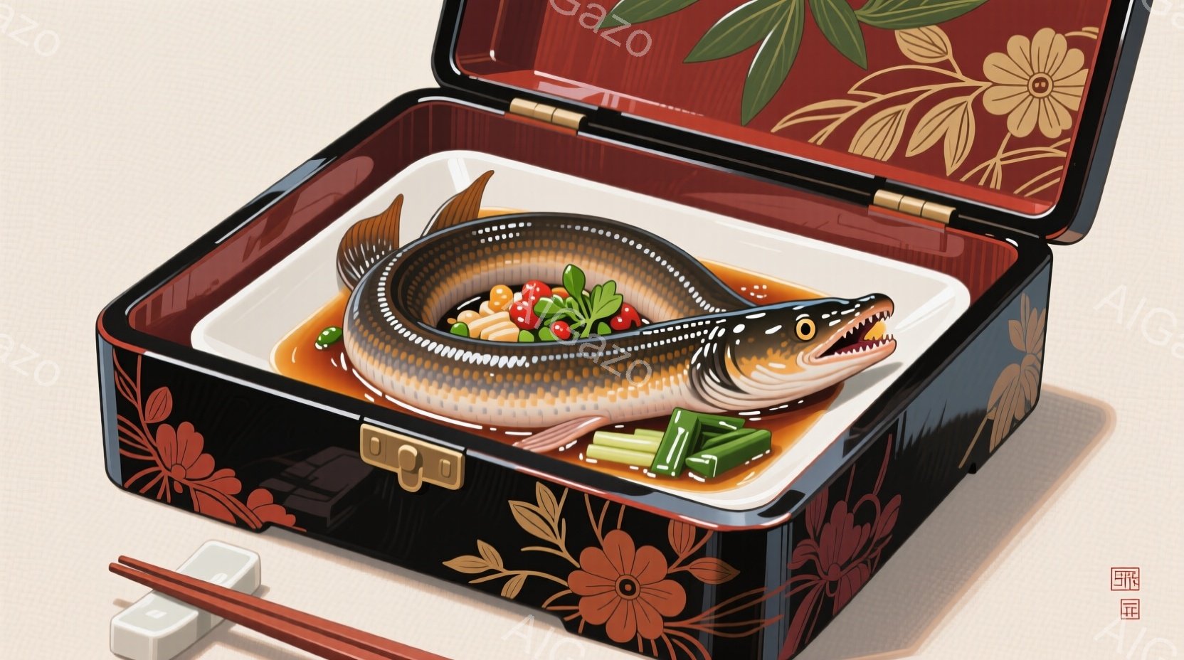 黒色の弁当箱が開き、中にはうなぎの蒲焼きが盛り付けられたご飯がたっぷり入っている。鮮やかな赤色の実、青色のネギ、緑色の葉が添えられ、豪華な食事を演出している。弁当箱には赤い花模様が描かれ、上品で趣のある雰囲気を醸し出している。