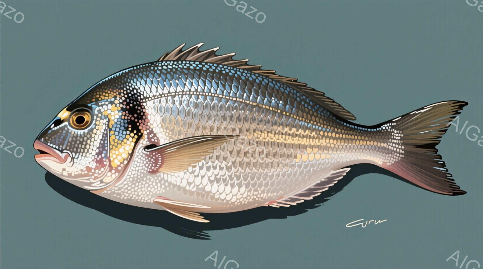 鮮やかな銀色の魚が、左から右へと描かれています。その体には細かい模様が施され、特に頭部周辺は金色と黒の美しいグラデーションが特徴的です。背景は落ち着いた青色で、魚の色彩を引き立て、まるで深海に浮かぶような印象を与えます。