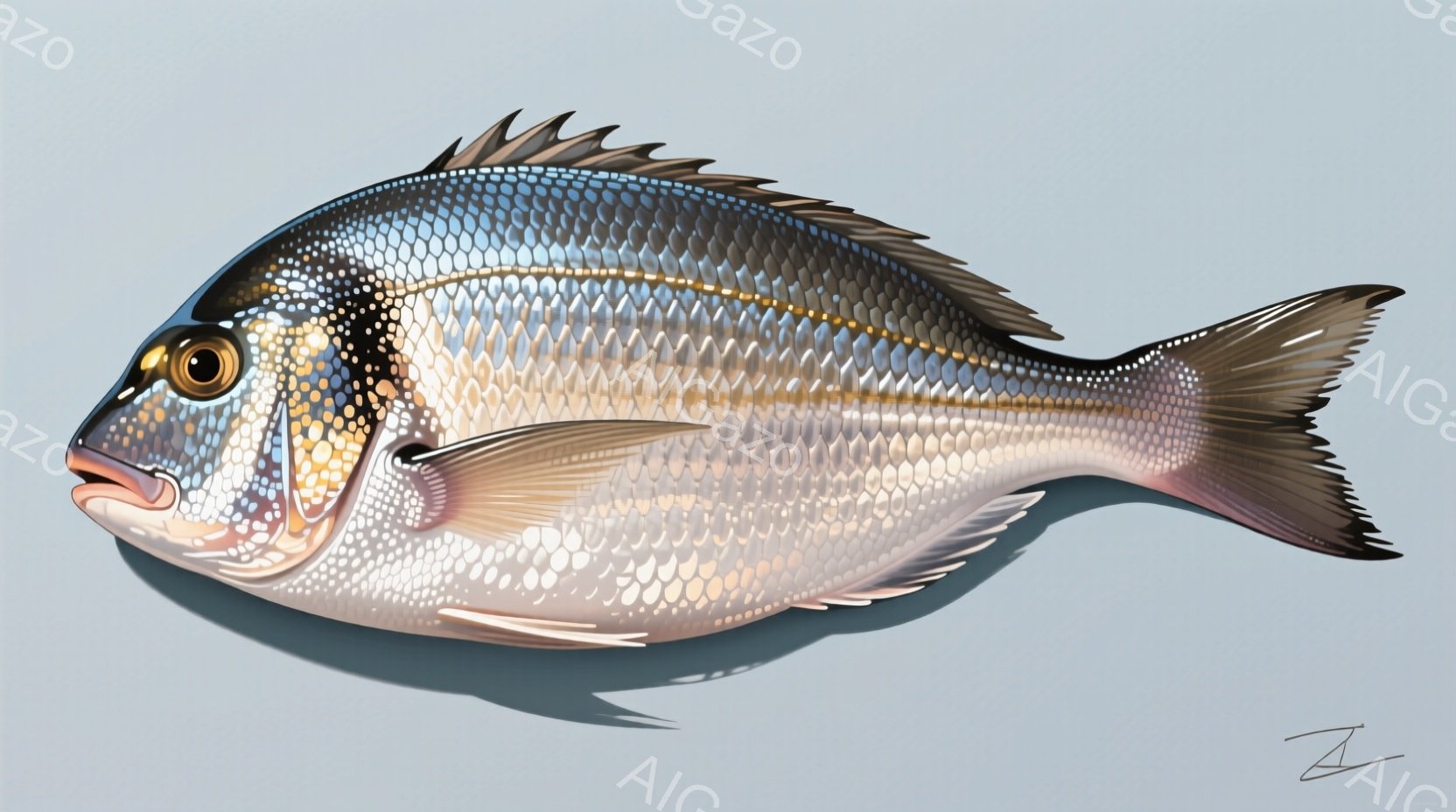 鮮やかな銀色の魚が、わずかに上向きに泳いでいるように描かれています。体には金色の縞模様があり、ヒレは半透明で繊細なグラデーションが施されています。背景は淡いグレーで、魚の姿が際立っており、全体として生き生きとした印象を与えます。