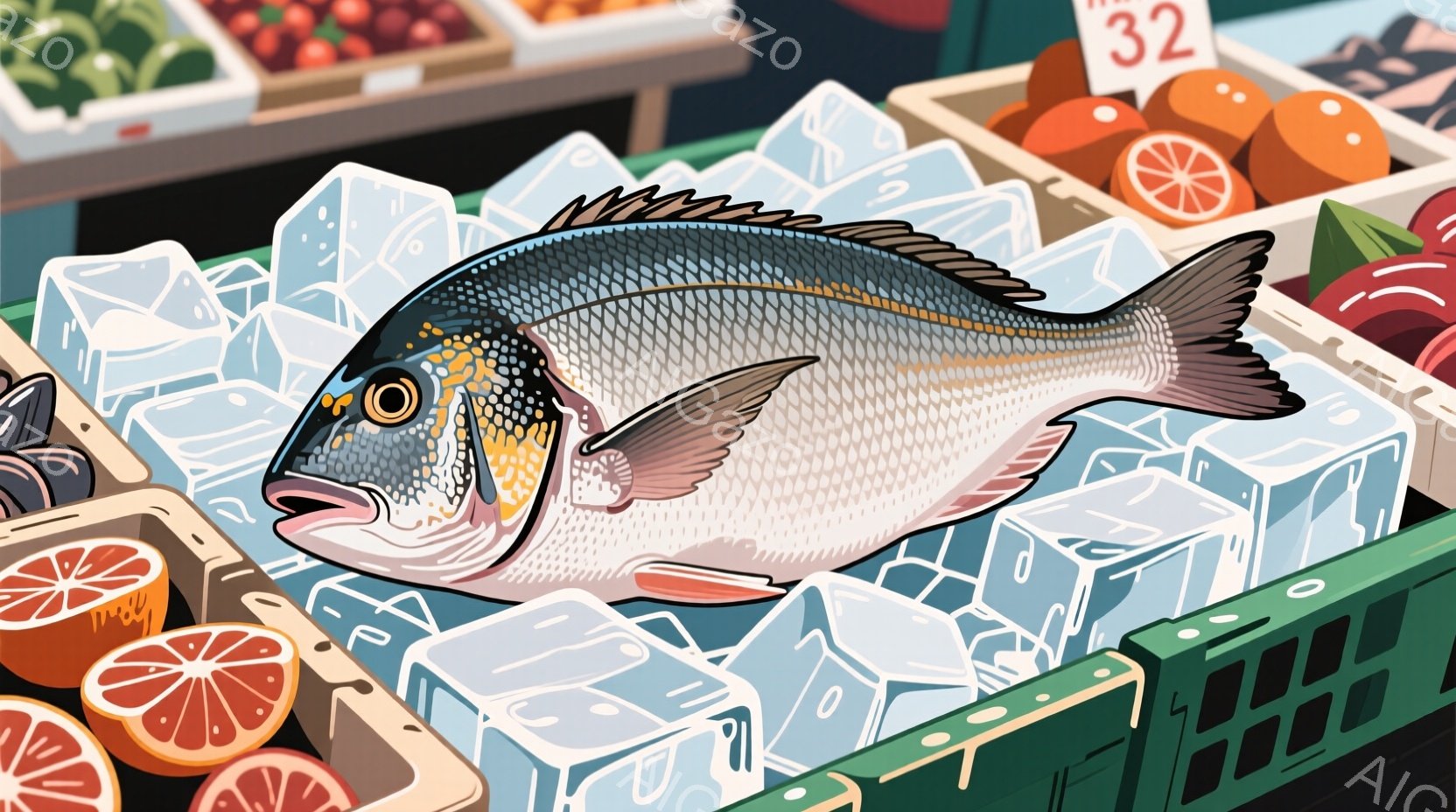 鮮やかなオレンジ色の背景に、氷の上に置かれた鯛が描かれています。鯛は青灰色の体で、鮮やかなオレンジと黄色の模様が目を引きます。周りにはオレンジのスライスや緑色の箱が置かれ、市場の活気ある雰囲気が伝わっ - AI生成フリー素材