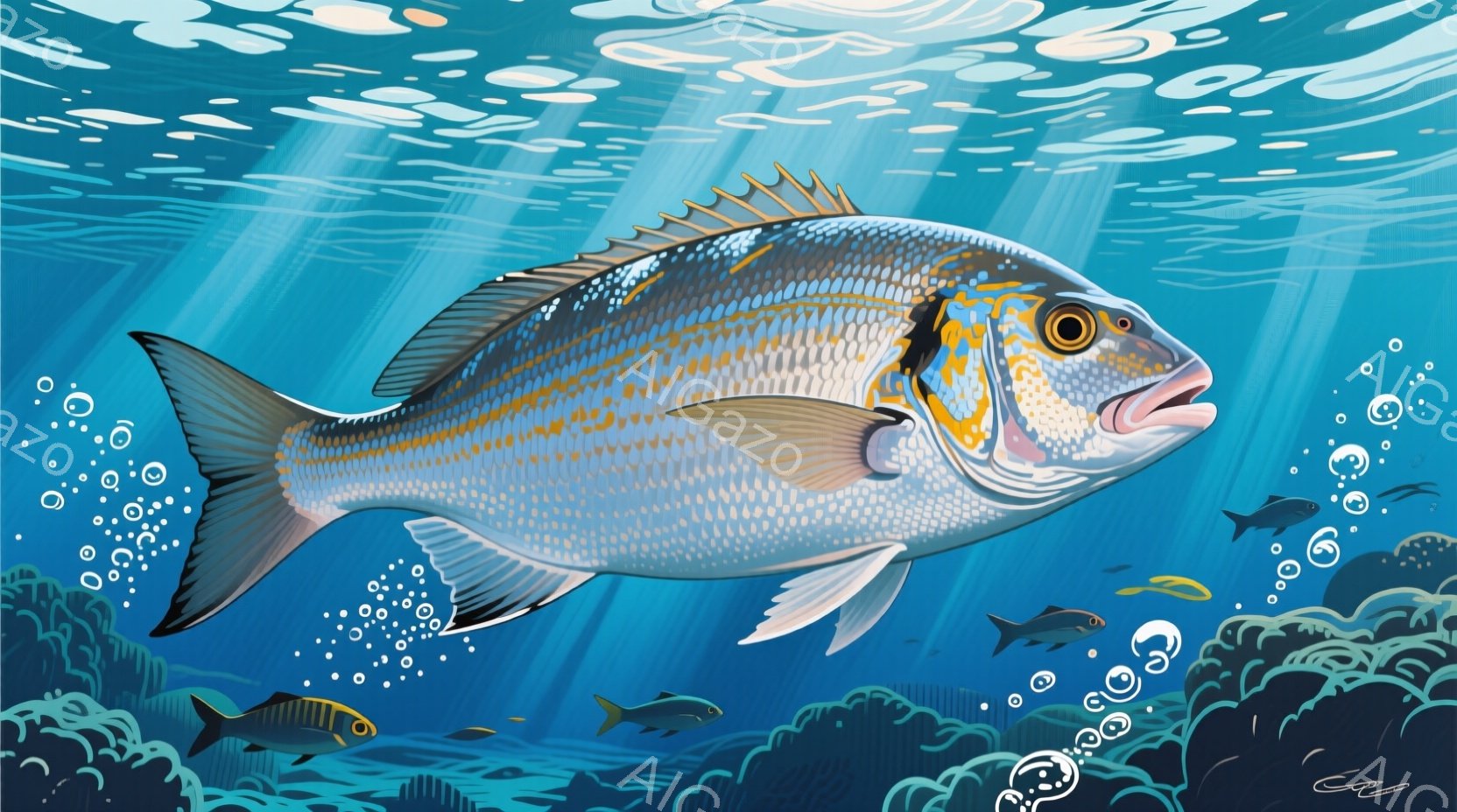 深海の生物を描写するものであり、主な魚が中心に位置しています。魚は大きな鱗片、目と口を持ち、前向きに泳ぎつつ周囲を見つめているようです。水圧下の深海環境が表現されており、他の魚や生物も画面内に存在します。背景は淡い青色で、光線が水中から漏れていることを示しています。