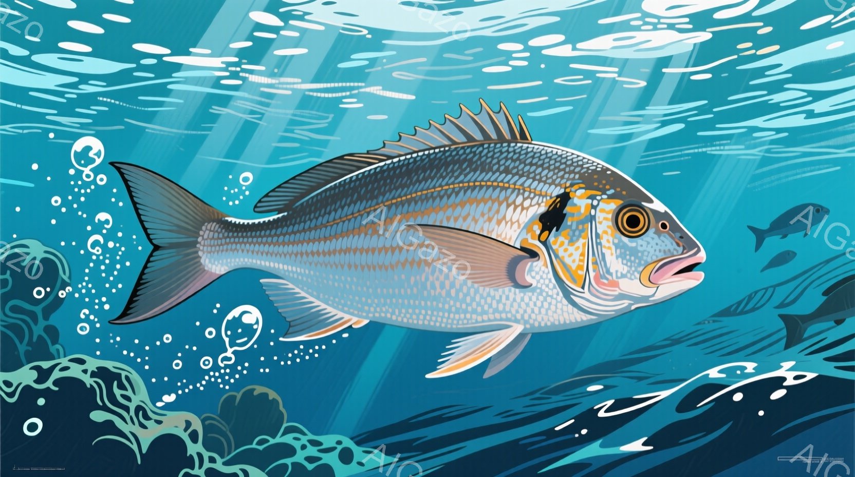 鮮やかな水色の背景に、一匹の大きな鯛が描かれています。鯛は、銀色と青色の美しい模様を持ち、口を開けて力強く泳いでいるようです。周りには泡や水草が漂い、海中を表現したダイナミックな雰囲気が漂っています。 - AI生成フリー素材