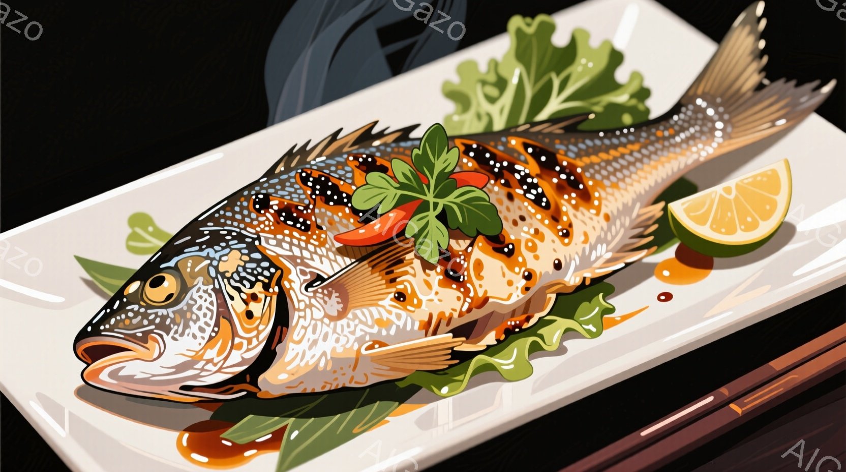 白い長方形の皿に、照り焼きにした大きな鯛が盛り付けられています。鯛の背中には赤く細かく刻んだ唐辛子と緑色の葉が飾られ、レモンの切れ端が添えられています。皿の右下には箸が置かれ、背景は暗く、鯛の照り焼きが際立っています。