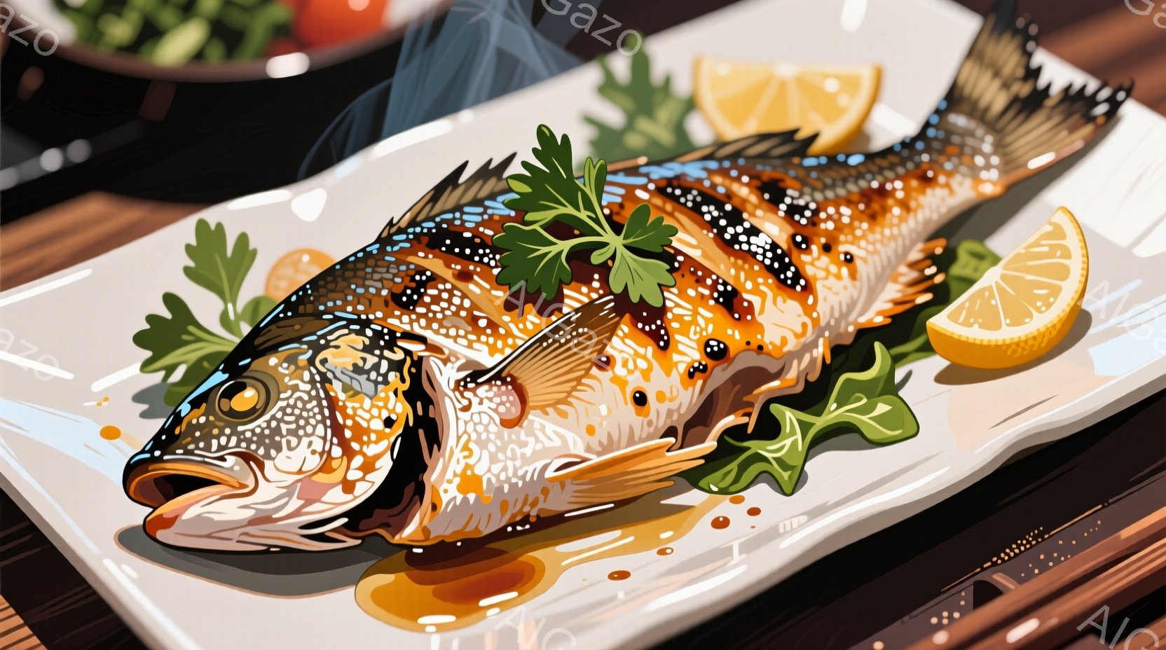 焼き魚が白い皿に美しく盛り付けられています。鮮やかなオレンジと茶色の模様が特徴的な魚は、緑色の葉とレモンのスライスで彩られ、照りが出たソースがかけられています。背景には木製のテーブルと、ぼやけた緑色の - AI生成フリー素材