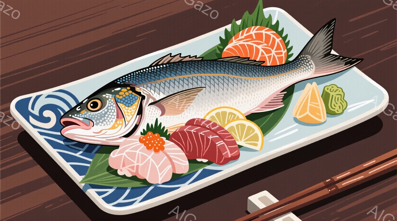 鮮やかな白皿に、一匹の大きな鯛が飾られています。鯛の周りには、薄切りの刺身、数粒のイクラ、レモンスライス、そして緑色の野菜が添えられ、食欲をそそる盛り付けです。背景には木の質感が見え、和食の雰囲気を高 - AI生成フリー素材