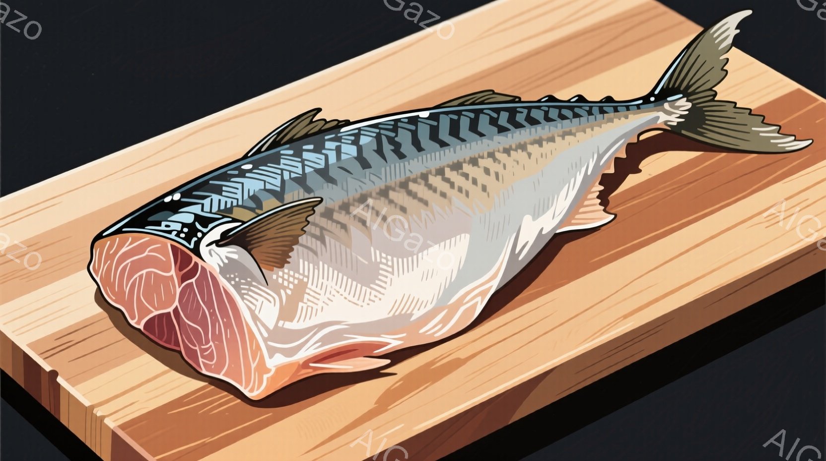 鮮やかなピンク色の身を持つアジが、木製のまな板の上に横たわっています。魚体は銀色と青色の縞模様で覆われ、頭部には鋭い歯が覗いています。背景は温かみのある木目調で、食材の新鮮さを際立たせています。