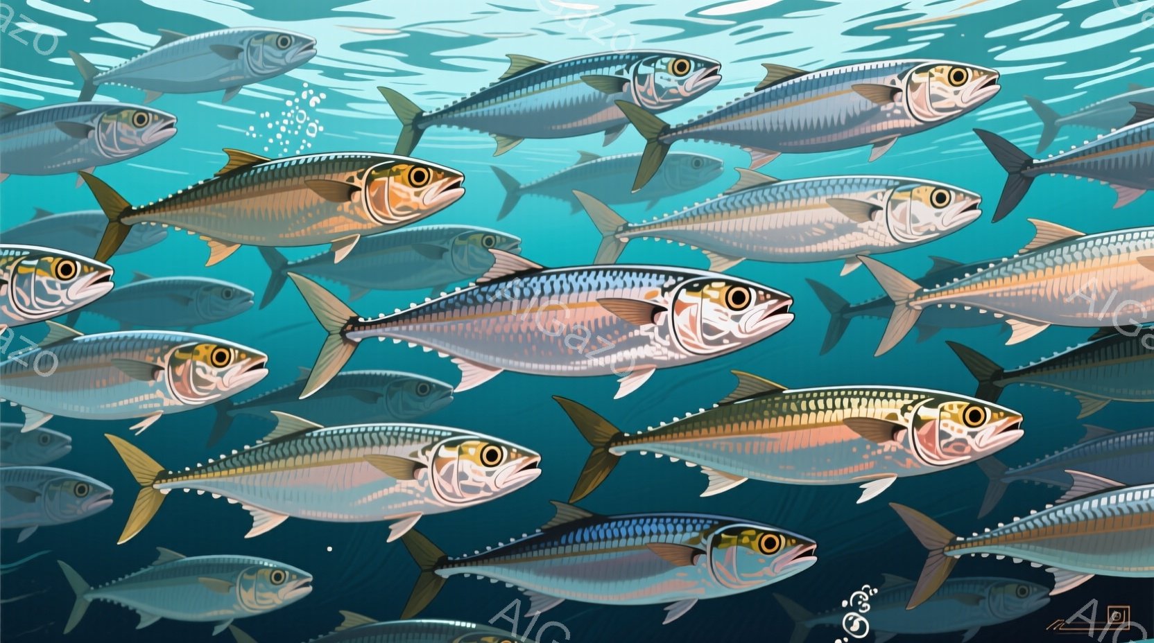 多数のイワシが群れをなして泳いでいる様子を描いたイラストレーションです。魚たちは銀色と青色の美しいグラデーションで表現され、光が水面から差し込み、水中のきらめきを強調しています。全体的に、躍動感があり、生き生きとした海洋の雰囲気を伝えています。