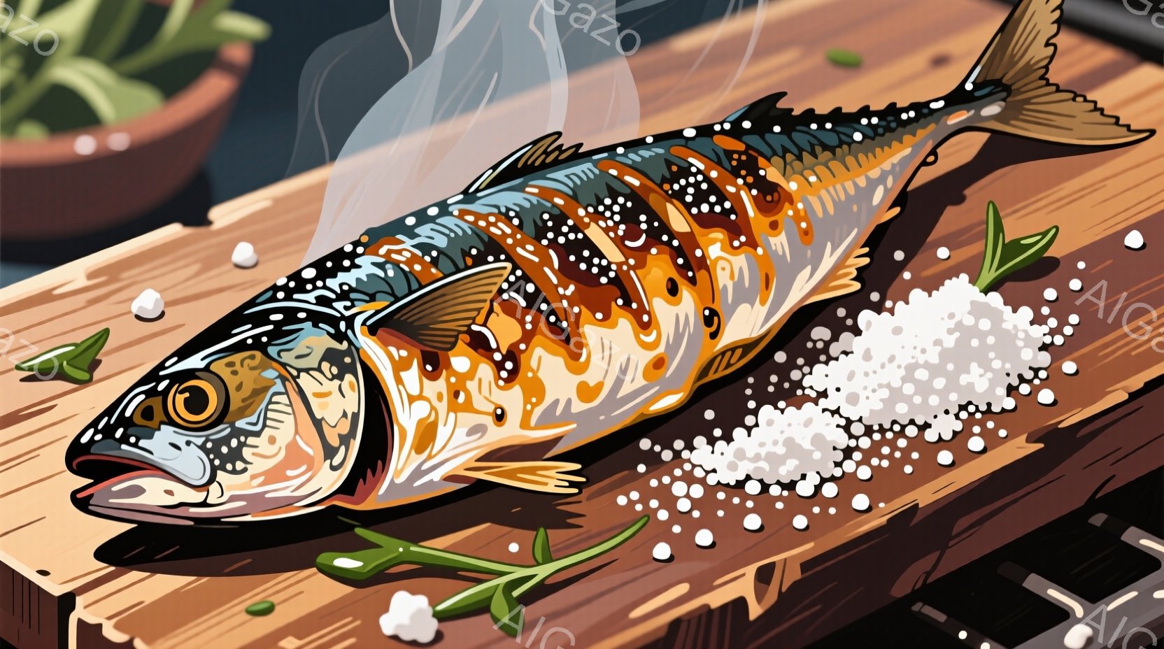 焼けたアジが木製のまな板の上に置かれています。アジはオレンジと茶色の美しい焼き色で、塩の粒が隣に散らばっており、蒸気が立ち上っています。背景には、緑の植物と調理台の一部が見え、料理の準備が進められている様子が伺えます。
