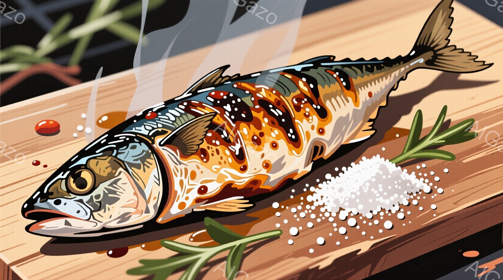 焼けた鯛が木製の板の上に置かれています。鯛は茶色とオレンジ色のまだら模様で、美味しそうな照りがあります。鯛の周りには塩とハーブが散りばめられており、食欲をそそる雰囲気を醸し出しています。