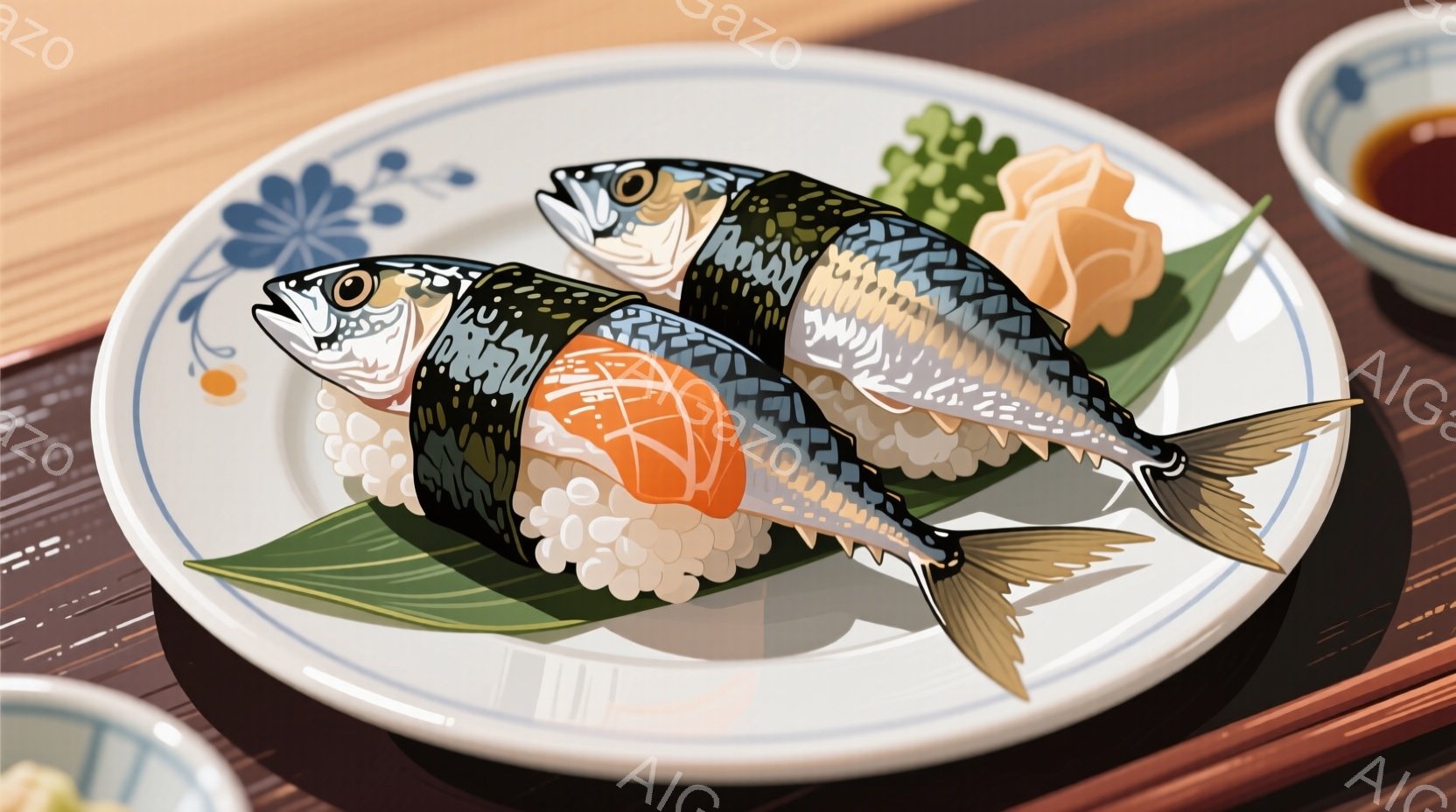 白い皿に、2匹の美しいアジの寿司が載っています。アジはオレンジ色の身を覗かせ、酢飯と海苔で巻かれ、緑色の葉の上に置かれています。背景には、寿司醤油の入った小さな器と木製のテーブルが見え、全体的に落ち着いた食欲をそそる雰囲気です。