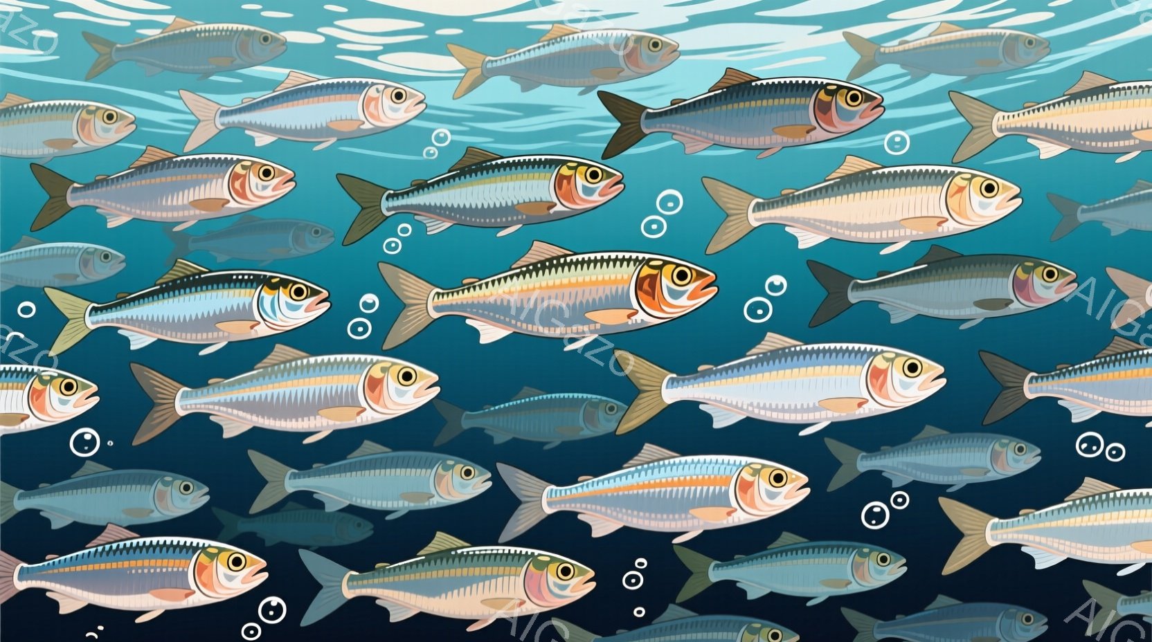 多数のイワシが密集して描かれており、青い水中に群れをなしている様子が表現されています。イワシは銀色で光沢があり、それぞれに黒い斑点と赤い部分があり、躍動感のある姿勢で描かれています。背景は濃い青色で、水中の気泡が点在しており、全体的に海洋生物の活気ある雰囲気が漂っています。