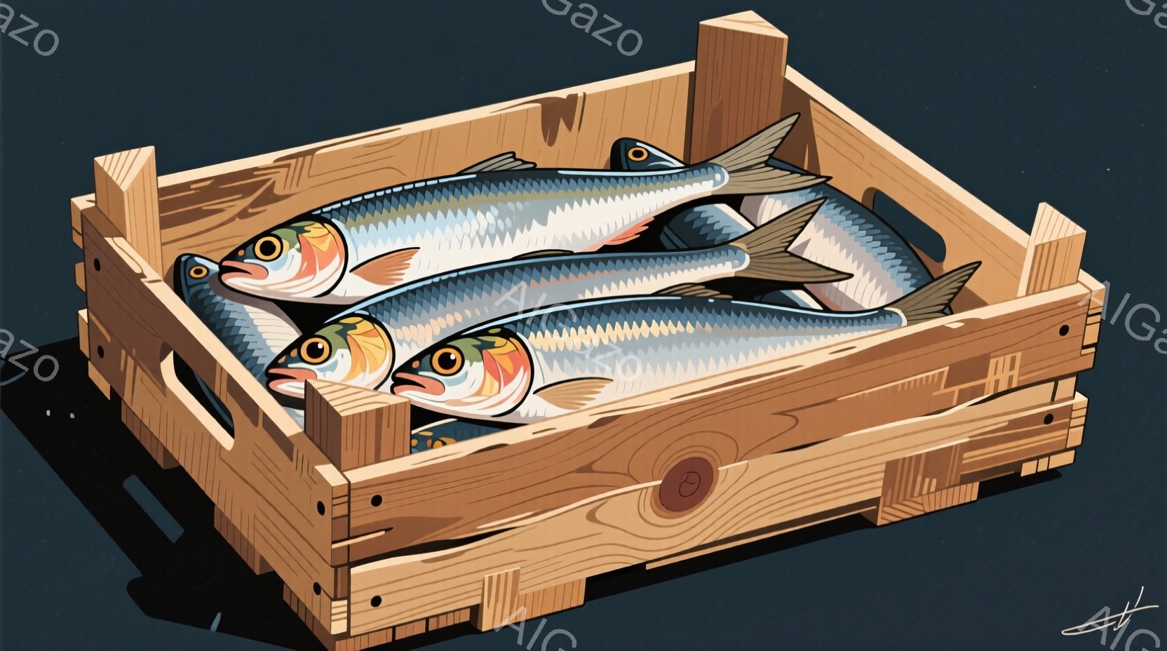 木箱の中に、新鮮なサバの魚が3匹並んでいます。魚は銀色で、背中に青いラインが入り、鮮やかな色合いです。箱は木製で、素朴な雰囲気を醸し出し、影が落ちています。 - AI生成フリー素材