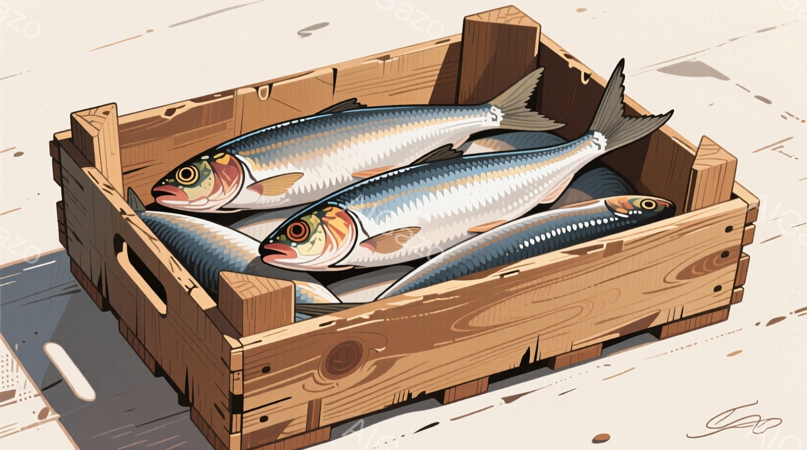 деревянный ящикにアジと思われる魚が3匹入っています。魚は銀色で、青みがかった背中に鮮やかな色の尾びれとひれを持っています。箱は木目が見え、使い込まれたような色合いで、背景は明るいベージュ色の床です。