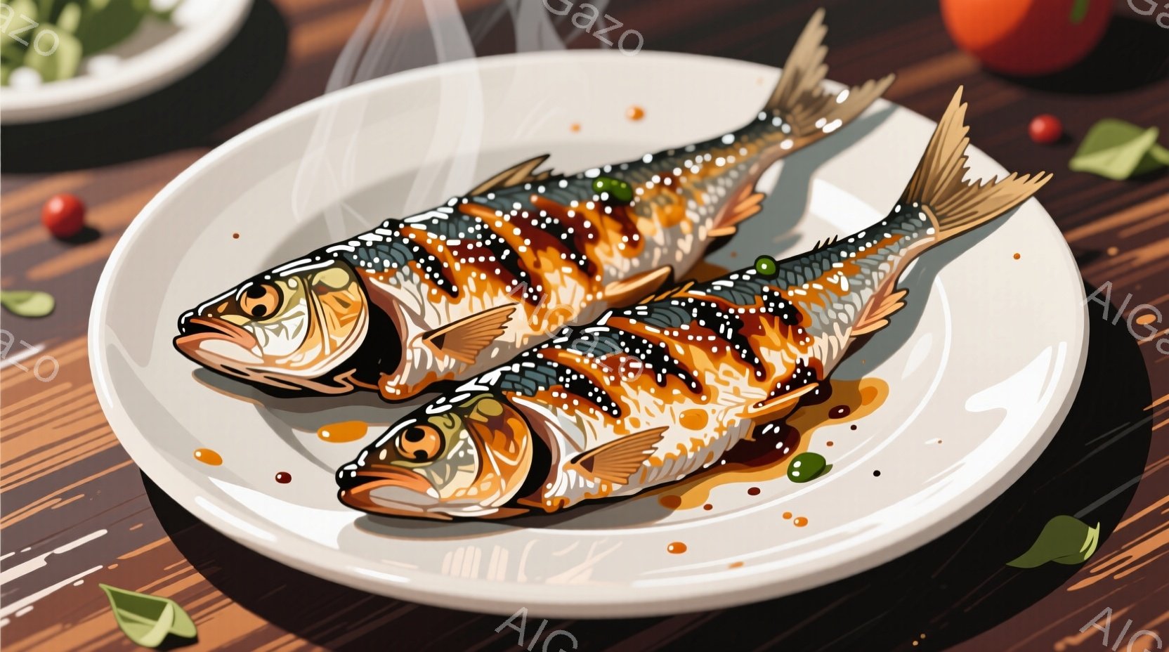 白い皿に2匹の焼いたアジが乗っています。アジは茶色く照りがあり、上には緑色の野菜と赤い実のようなものが添えられています。背景は木目調のテーブルで、全体的に食欲をそそる温かい雰囲気です。 - AI生成フリー素材
