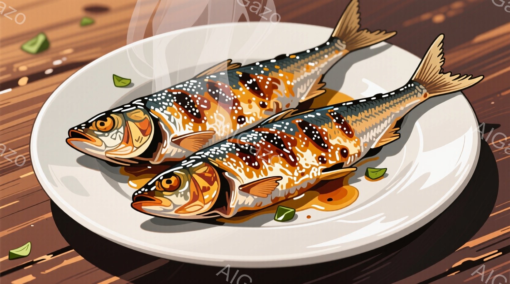 白い皿に2匹の焼けたアジが盛り付けられています。アジは茶色とオレンジ色の美しい焼き色で、緑色のハーブのようなものが添えられています。木目のテーブルの上に置かれ、湯気が立ち上っている様子から、熱々で美味しそうな料理であることが伝わってきます。