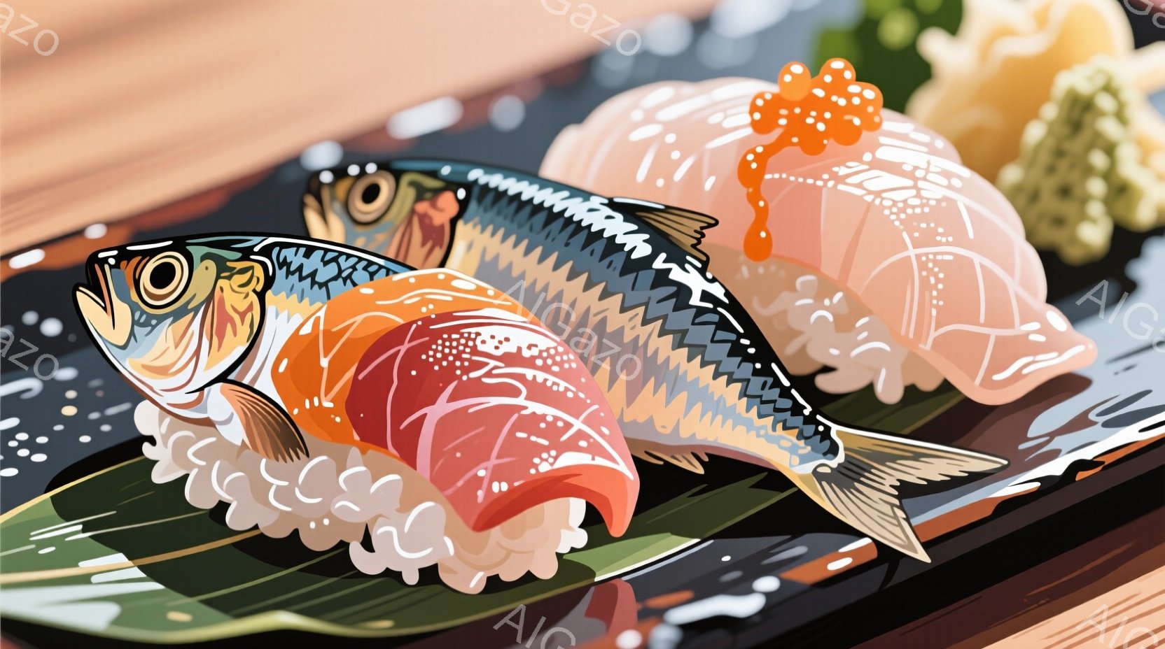 鮮やかなオレンジと白の色の寿司が、黒いお皿の上に置かれています。一方は魚の形をしており、もう一方は丸く、オレンジ色のイクラが乗っています。背景には、波のような模様が見え、全体的に食欲をそそる、清潔感のある印象です。