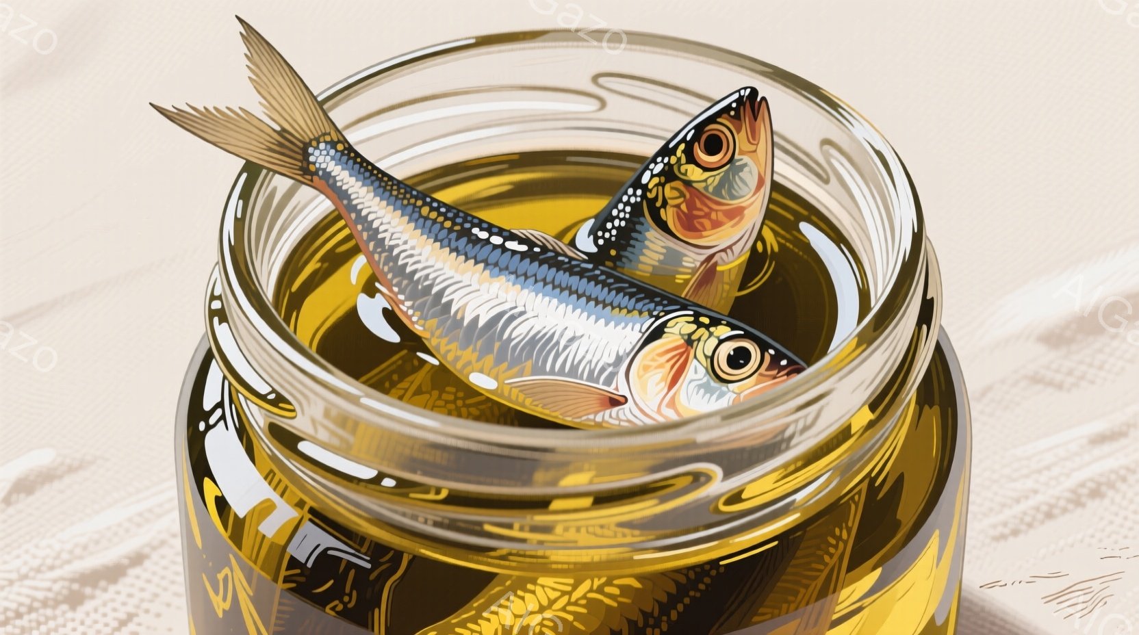 透明なガラス瓶の中に浸かった、鮮やかな銀色の魚が描かれています。魚は頭を左側に向け、尾が瓶の縁からわずかに突き出ており、まるで瓶の中で泳いでいるかのように見えます。瓶の中身は、おそらく植物油のような透明な液体で満たされており、その液体が魚の体を照らし、キラキラとした光沢を添えています。