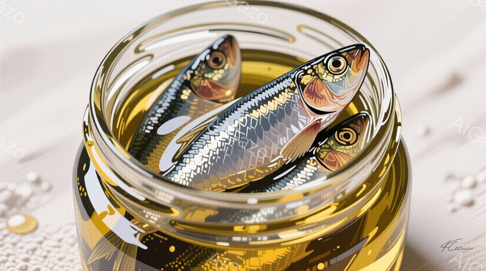 2匹の銀色の魚が透明なガラス瓶の中に浸かっている様子が描かれている。瓶は油のような液体で満たされ、背景には白く編まれたレース模様のテーブルクロスが見える。瓶の側面には抽象的な金色の模様が施されており、光の反射が美しい。