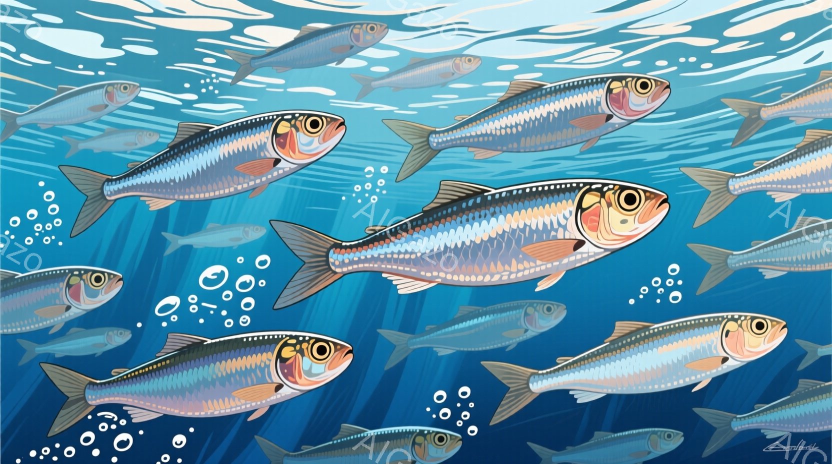 鮮やかな青色の背景を背景に、多数のイワシが群れをなして泳いでいる様子が描かれている。イワシは銀色で光沢があり、体には細かい模様が描かれている。背景には小さな泡が散りばめられており、水中の雰囲気を醸し出している。