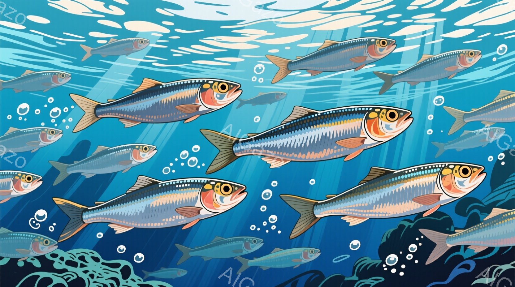 多くの銀色の魚が水中で泳いでいる様子を描いたイラストです。魚たちは横向きで描かれ、それぞれに赤い腹部と特徴的な模様があり、水面には気泡が浮かんでいます。背景は青色で、水中の光の屈折と水草のような暗い形が見られ、全体的に涼しげで穏やかな雰囲気を醸し出しています。