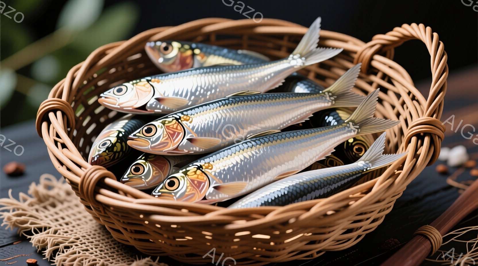 籠の中にイワシが数匹入っている写真です。イワシは銀色に輝き、黒い斑点模様があり、新鮮で美味しそうです。背景には木製のテーブルと竹製の道具が見え、和食の雰囲気を醸し出しています。