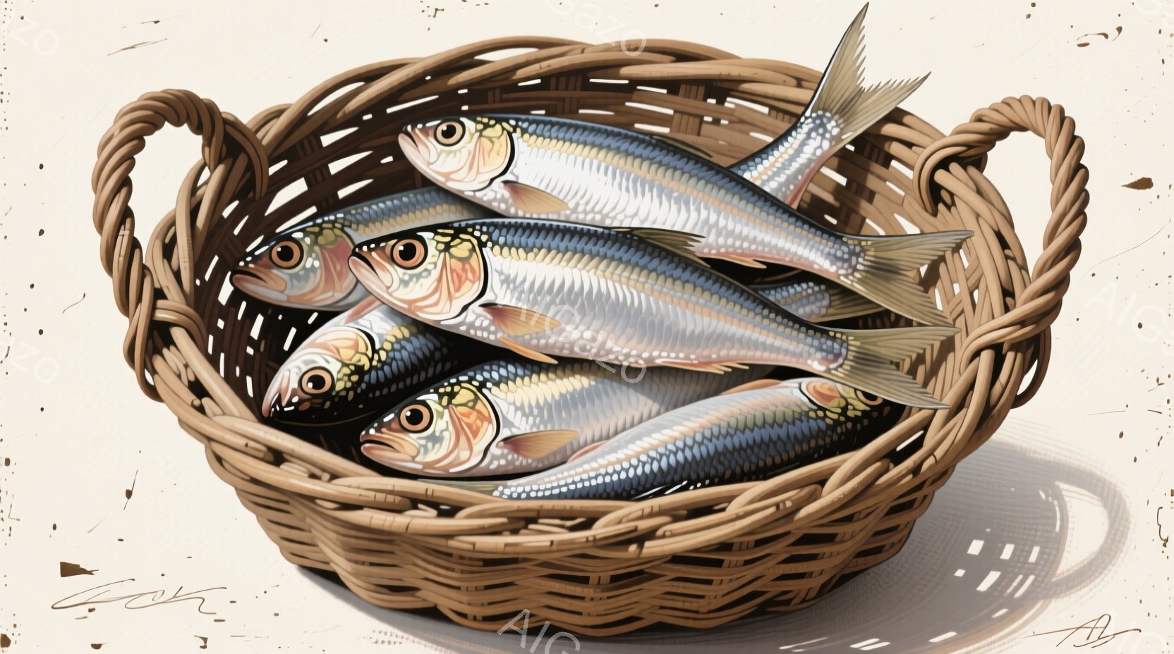 籠の中に新鮮な魚がいくつか入っており、銀色で光沢のある体と鮮やかな目を持っています。籠は茶色で編み込まれており、日陰が落ちており、全体的に静かで穏やかな雰囲気が漂っています。シンプルな背景で、魚の鮮やかさを引き立てています。