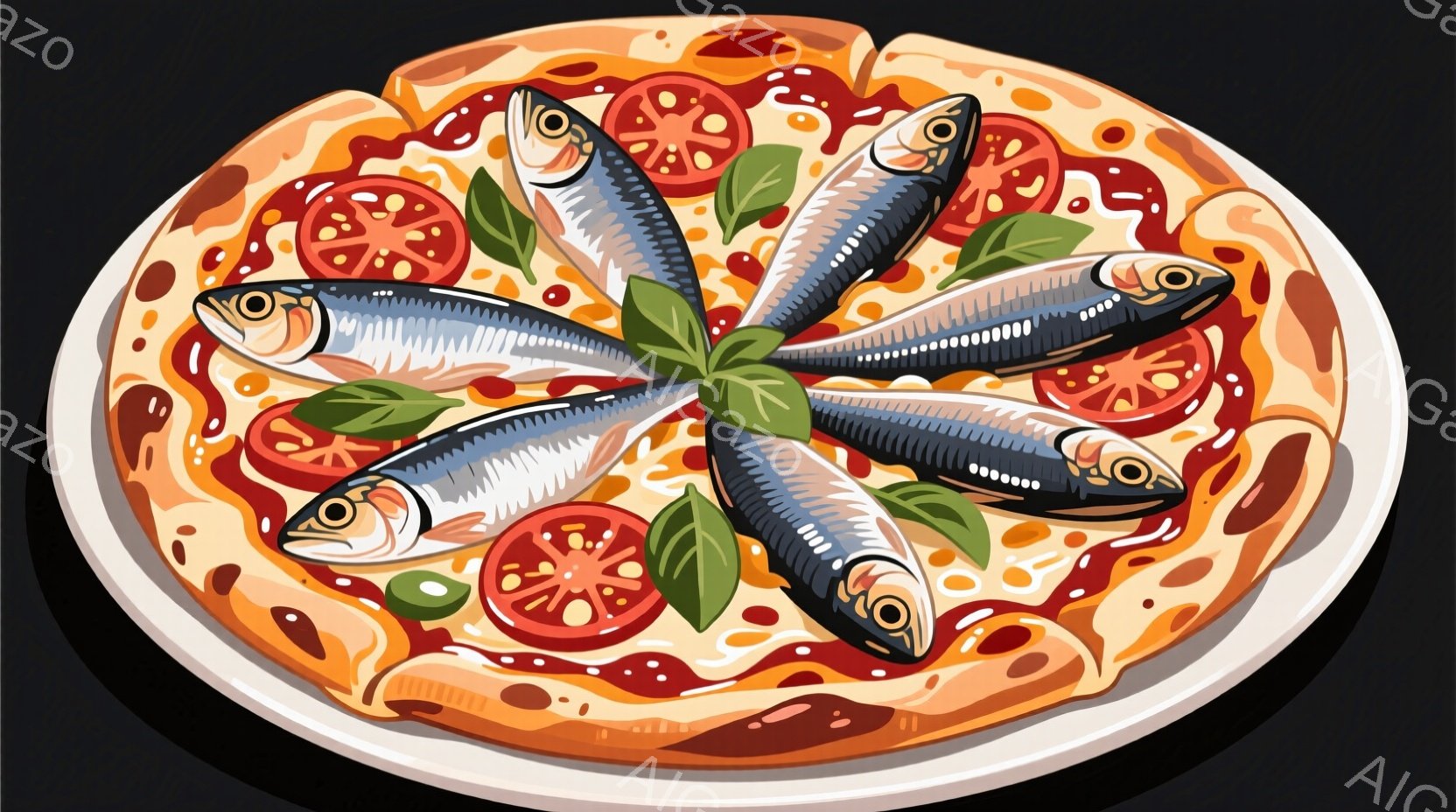 鮮やかな赤色のトマトと、塩辛そうな小さな魚が、焼きたてのピザの上に美しく配置されています。ピザ生地は薄く、縁の部分は少し焦げ目がついており、香ばしさを感じさせます。ピザ全体にフレッシュなバジルが散りばめられており、地中海料理のような爽やかな雰囲気を醸し出しています。