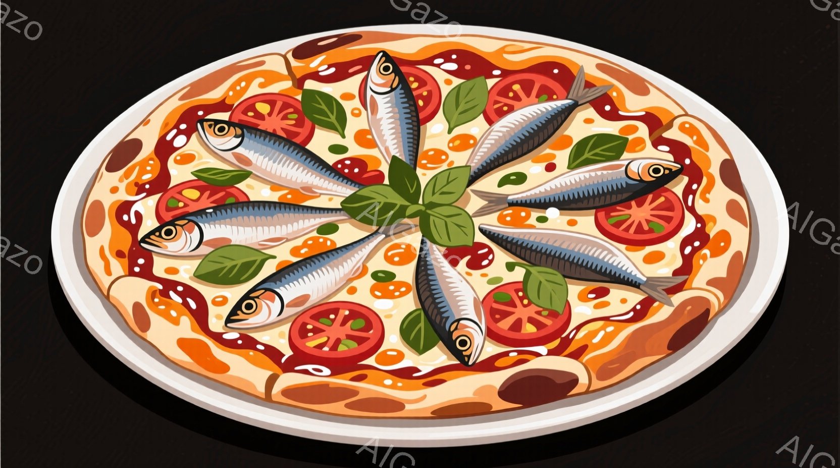 白い皿の上に、トマトソースと魚がトッピングされたピザが乗っています。魚は、円形に配置され、緑色のハーブで飾られています。ピザは全体的に暖色系の色合いで、食欲をそそる雰囲気です。