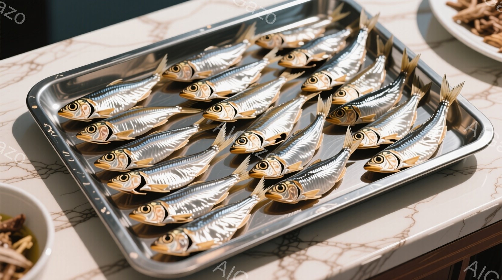 浅い金属製のトレイに、小さな銀色の魚が整然と並べられている。魚は頭部が茶色で、乾燥させているか、あるいは調理された状態であるように見える。背景はマーブル模様の表面で、一部に別の料理が見え、全体的に清潔で明るい印象を与える。