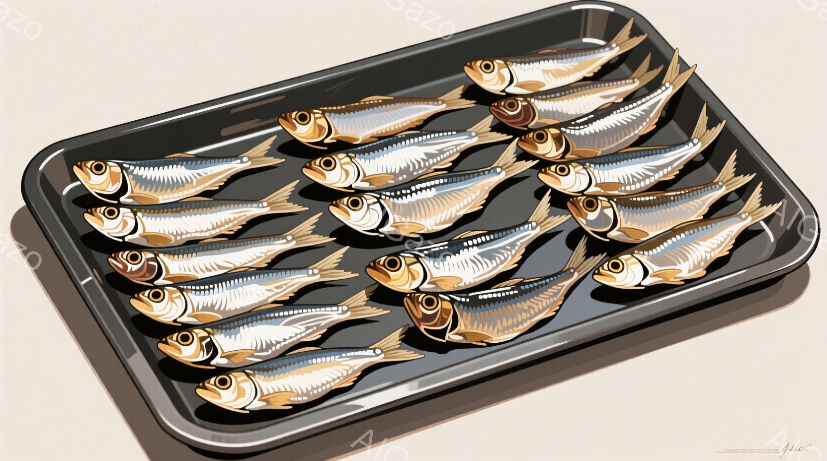 黒い長方形のトレイに、頭を並べて置かれた多くの小さな魚が整然と並んでいます。魚は銀色と金色の色合いを持ち、鮮やかな目と詳細な鱗が特徴です。背景は明るいベージュ色で、魚のコントラストが際立っています。