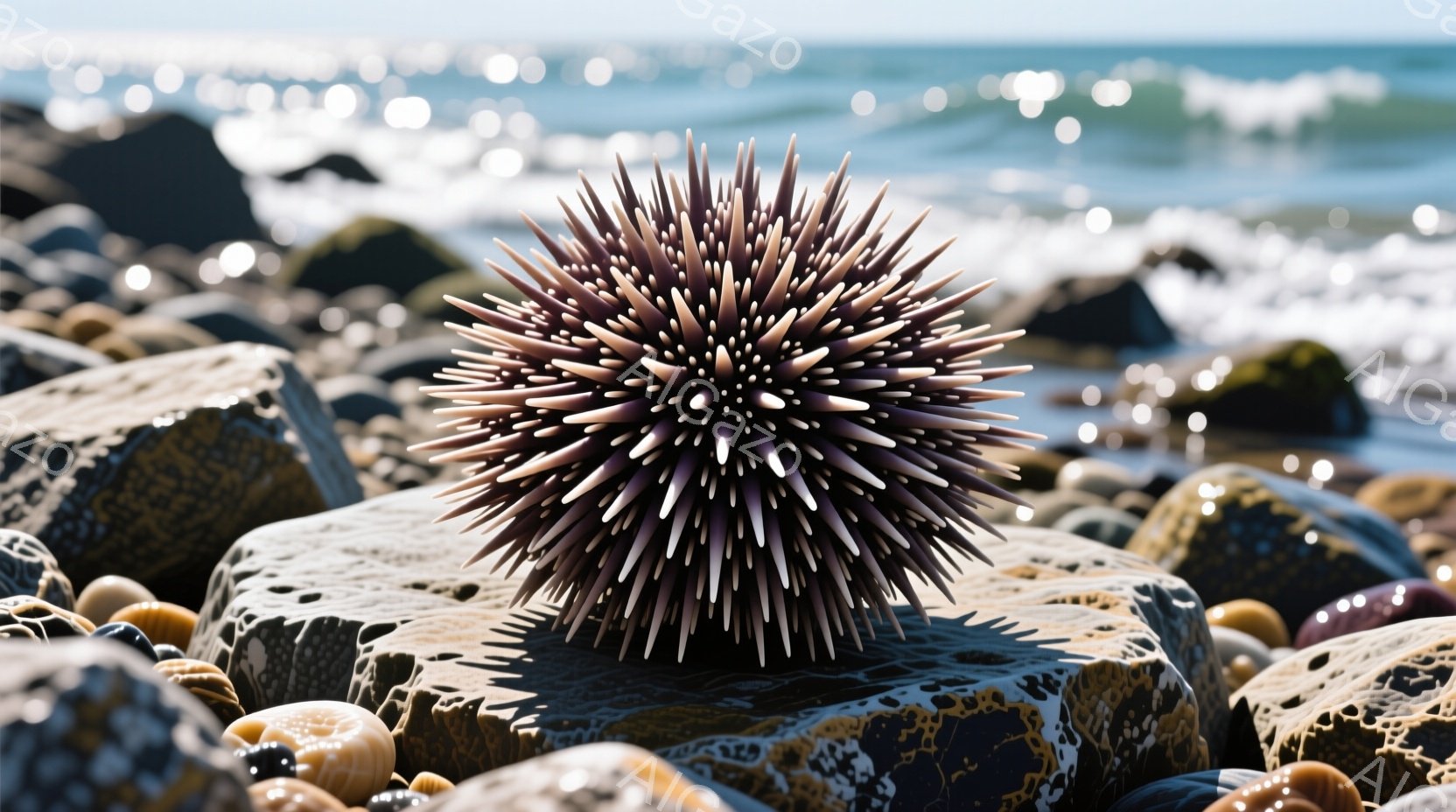 砂浜の岩の上に、棘だらけのウニが置かれている。背景には青い海が広がり、白い波が砕けている様子が見える。全体的に自然光が差し込み、岩やウニの質感が強調された、静かで穏やかな雰囲気である。 - AI生成フリー素材