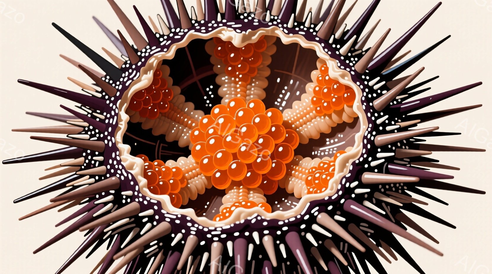 棘だらけのウニの断面を示しています。内部にはオレンジ色の小さな球体（卵やイクラのようなもの）が密集しており、ウニの殻の暗い色とのコントラストが印象的です。全体的に、海の生物の神秘的で複雑な構造を強調した、少し不気味ながらも美しいイメージです。