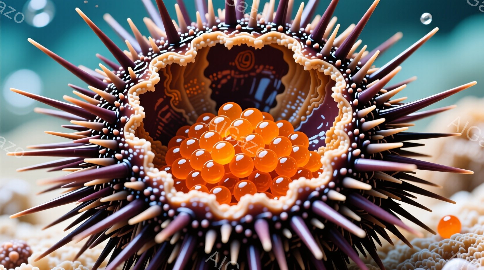 海中に生息するウニの断面を捉えたクローズアップ写真です。紫と茶色の棘が密集し、内部にはオレンジ色の卵のようなものがぎっしりと詰まっています。背景には、珊瑚礁の一部が見え、水中の静けさと生命力を感じさせ - AI生成フリー素材