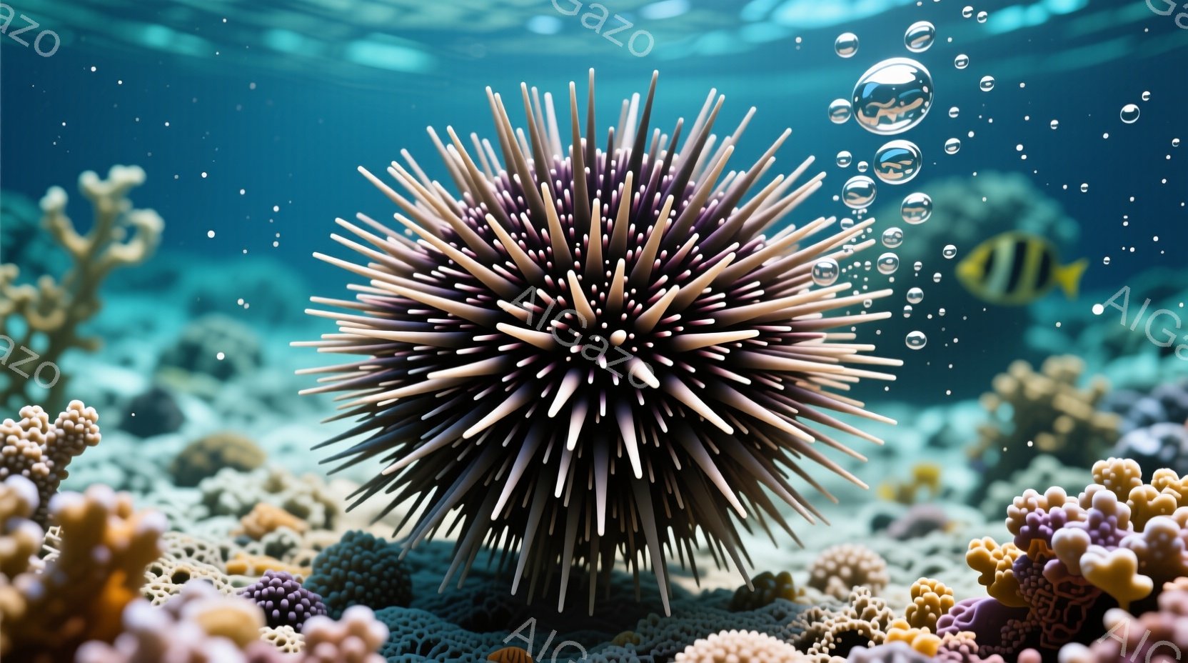 海底を捉えた画像で、中心には黒と白の縞模様を持つウニが写っています。周囲には様々な色のサンゴが密集し、水中に漂う小さな泡がアクセントになっています。全体的に穏やかで幻想的な雰囲気で、鮮やかな色彩が海中の美しさを強調しています。