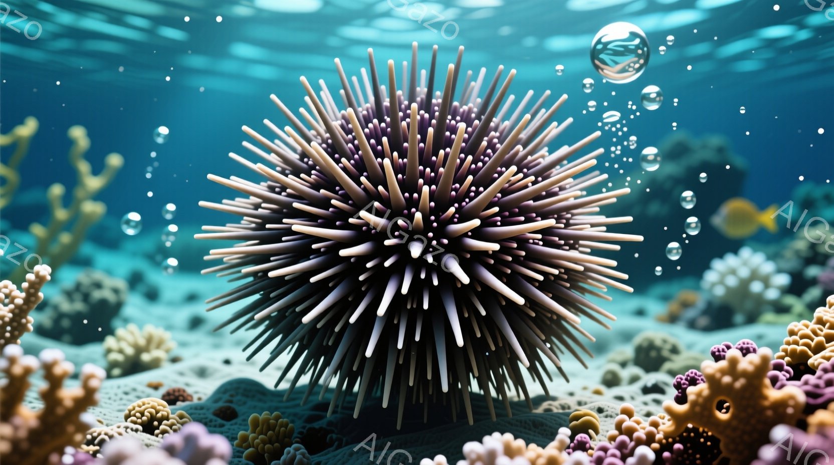 海底を背景にした画像で、中心にはユニークな形状のウニが写っています。ウニの棘は白と紫が混ざり合い、周囲にはピンク色のサンゴ礁が広がっています。水中に漂う小さな泡や、奥にぼんやり見える魚が、幻想的な水中世界を表現しています。