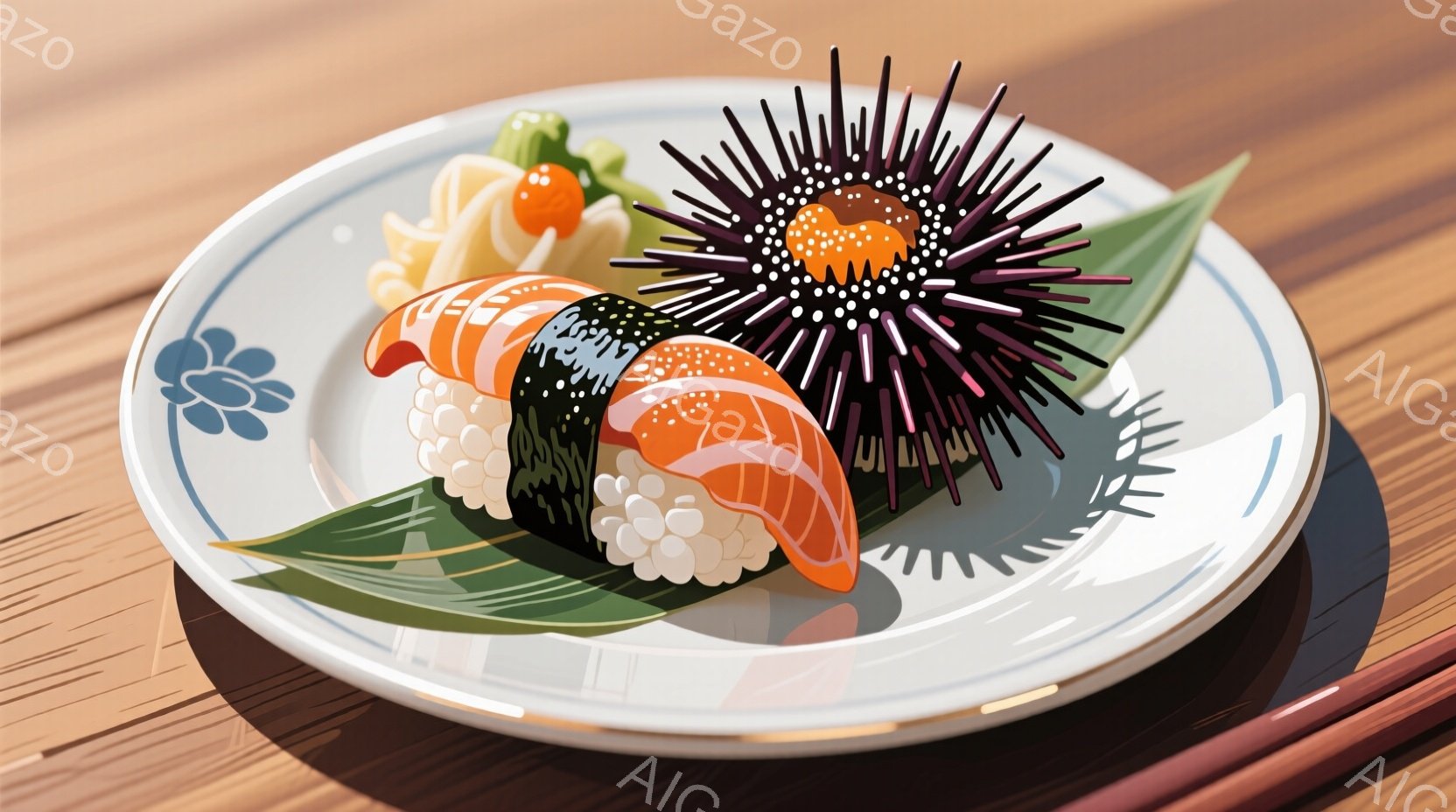 白い皿に数種類の握り寿司とウニが盛り付けられています。寿司はサーモン、マグロ、エビなどの種類があり、それぞれシャリとネタが美しく組み合わされています。背景には木目のテーブルと赤い箸が見え、上品で食欲を - AI生成フリー素材