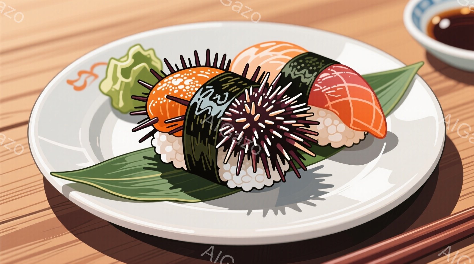 白い皿に、数種類の握り寿司が緑色の葉と共に盛り付けられています。ウニ、マグロ、エビ、タイなどの寿司が、美しく配置され、食欲をそそります。木製のテーブルの上に置かれ、奥には醤油が入った小さな器が見え、上品で落ち着いた雰囲気を醸し出しています。