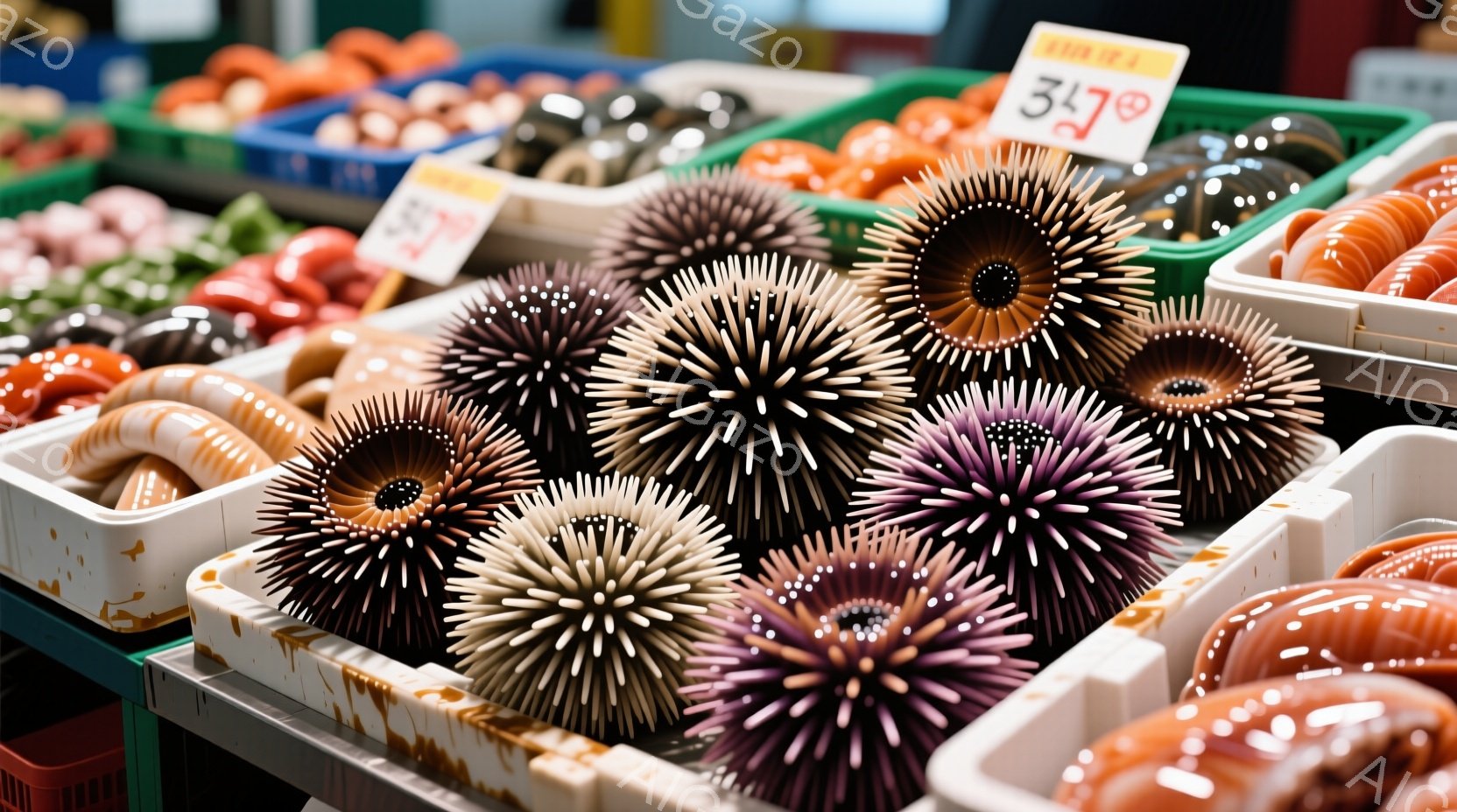 鮮やかな色のウニが、白いトレーに整然と並べられています。茶色、紫、黒など様々な色合いで、棘が特徴的です。背景には、他にも加工された海産物が並び、市場の活気を感じさせます。