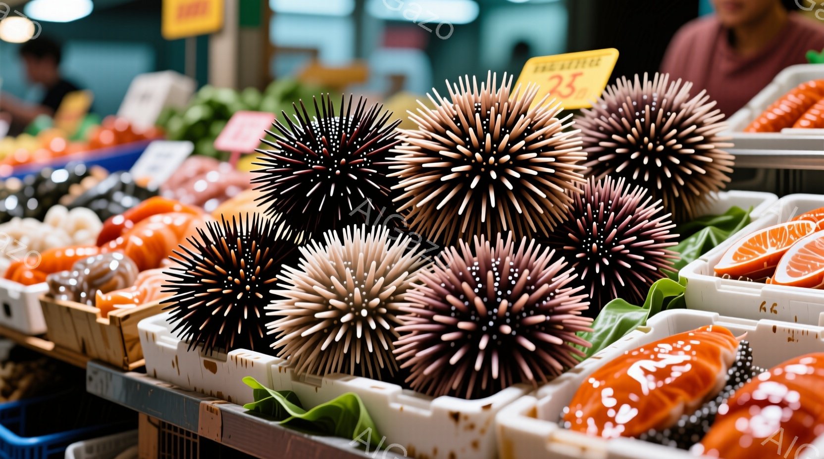 白いトレーに黒くて棘のあるウニが並べられており、鮮やかなオレンジ色の鮭が隣に置かれています。背景には、他の食材やわずかに見える人々の姿が見え、活気のある市場の雰囲気が伝わってきます。全体的に、新鮮な食材が並べられた市場の一角を捉えた、色彩豊かな写真です。