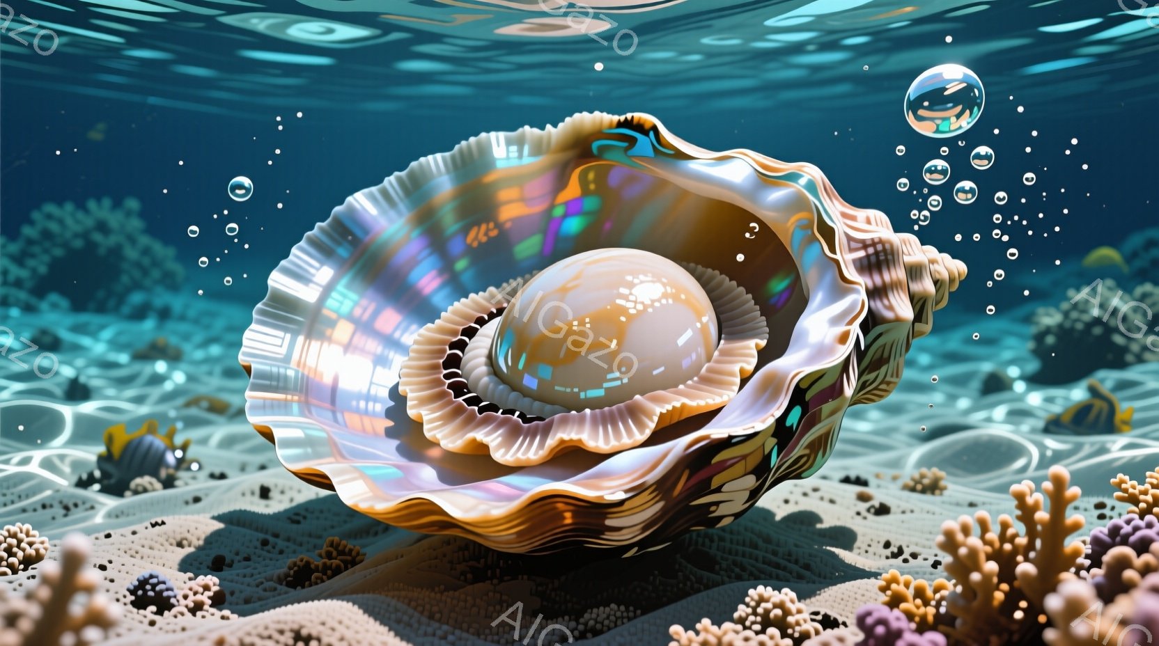 美しい真珠が輝く、開いた貝殻が中央に位置しています。背景には、珊瑚礁や砂地が広がり、水中に漂う無数の泡が幻想的な雰囲気を醸し出しています。光の反射が貝殻の内側と真珠を照らし、神秘的で穏やかな印象を与えます。