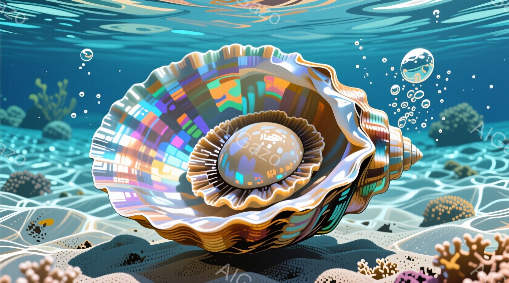 鮮やかな色彩の巻き貝が、海底の砂地に置かれている様子が描かれている。貝殻の内側は虹色に輝き、外側は青や緑、黄色のストライプが特徴的で、まるで宝石のようだ。背景にはサンゴ礁や水中の植物が見え、小さな泡が漂うことで、神秘的で幻想的な海中世界を表現している。