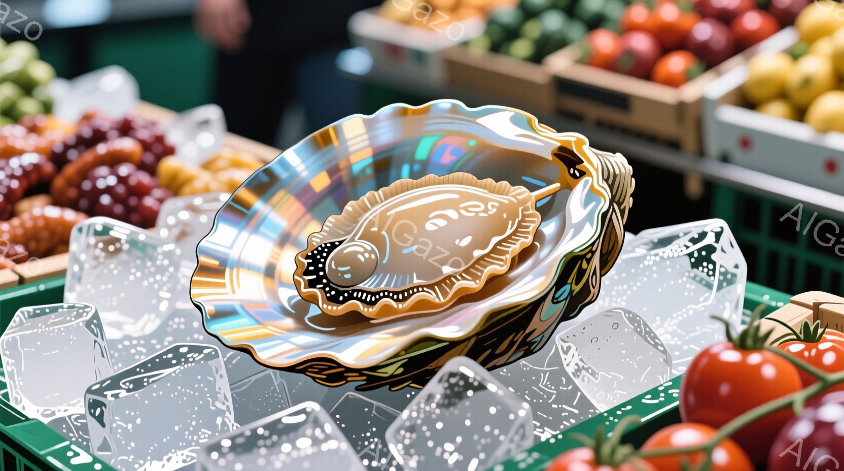 氷の上に置かれた開いた貝殻を捉えています。虹色の輝きを放つ貝殻の内側には、真珠のような丸い物体が一つ見え、鮮やかなトマトやその他の果物が背景にぼやけて写っています。全体的に、新鮮さと贅沢さを感じさせる、色彩豊かな静物画です。