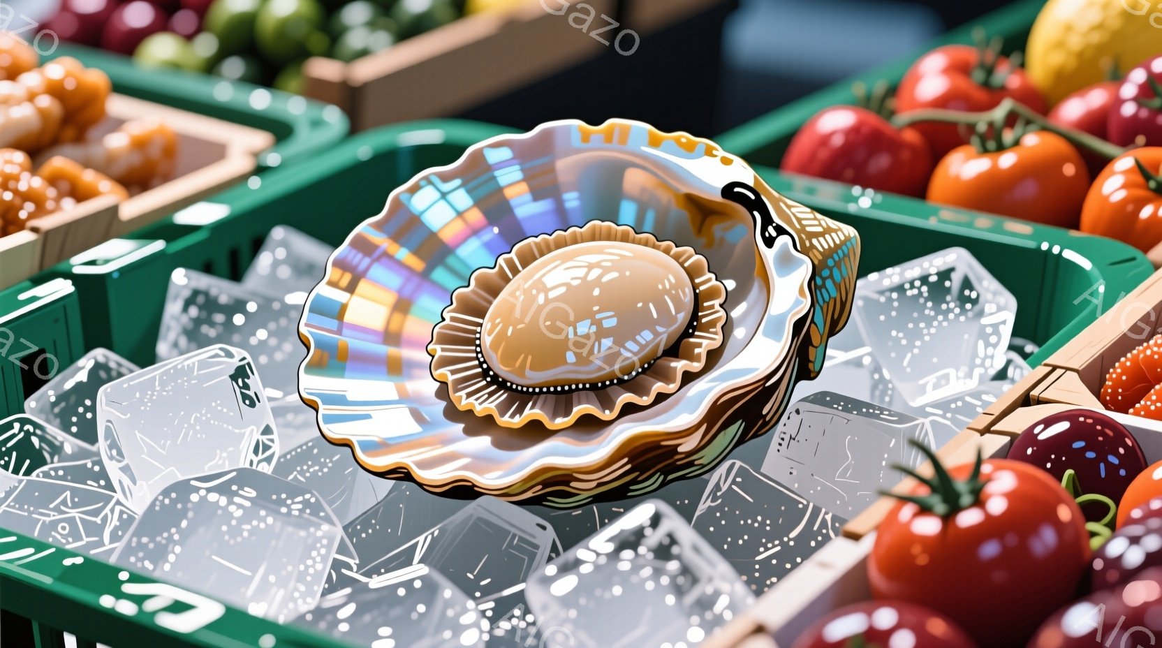 緑色のトレーの上に置かれた、虹色に輝く貝殻と氷、そしてトマトなどの果物が写っている。貝殻は開いており、内側には真珠のような光沢がある。背景には、さらに様々な種類の果物が積み重ねられており、市場や果物屋の賑やかな雰囲気が伝わる。