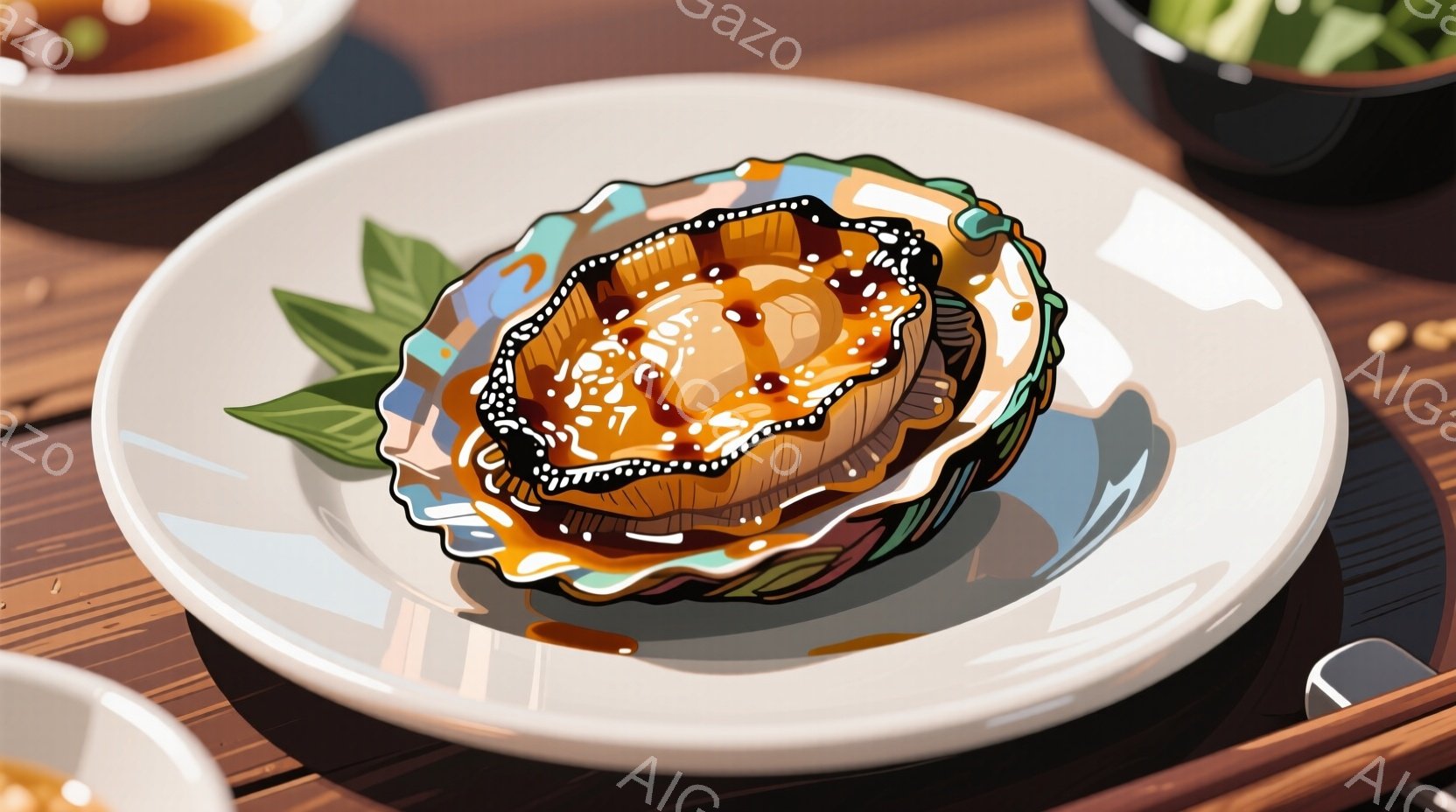白い皿に、照り焼きのようなタレがかかった大きなホタテが乗っています。ホタテの身は複雑な模様で表現され、鮮やかなオレンジ色と茶色のグラデーションが食欲をそそります。皿の周りには緑色の葉が添えられ、背景には木製のテーブルと、小さな器が見え、落ち着いた食卓の雰囲気が感じられます。
